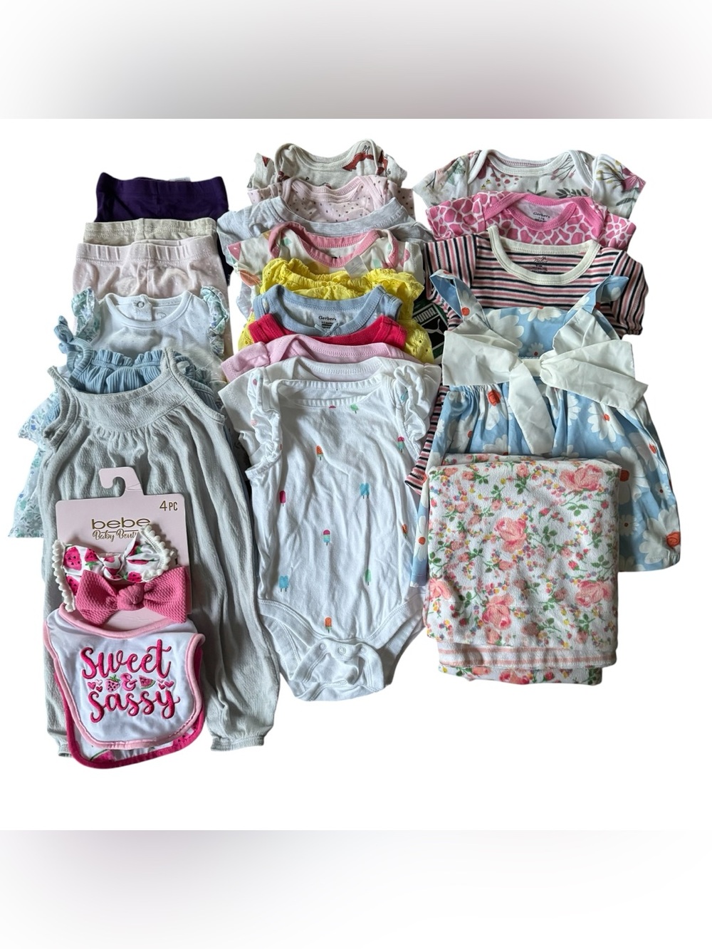 Huge Bundle Baby Girl 0-3M 22PC Set Lot Onesies Pants Dresses Bibs Bow Blanket